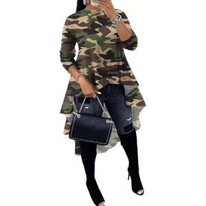Famnbro Womens Camo Long Sleeve High Low Asymmetrical Hem Shirt Dress Medium